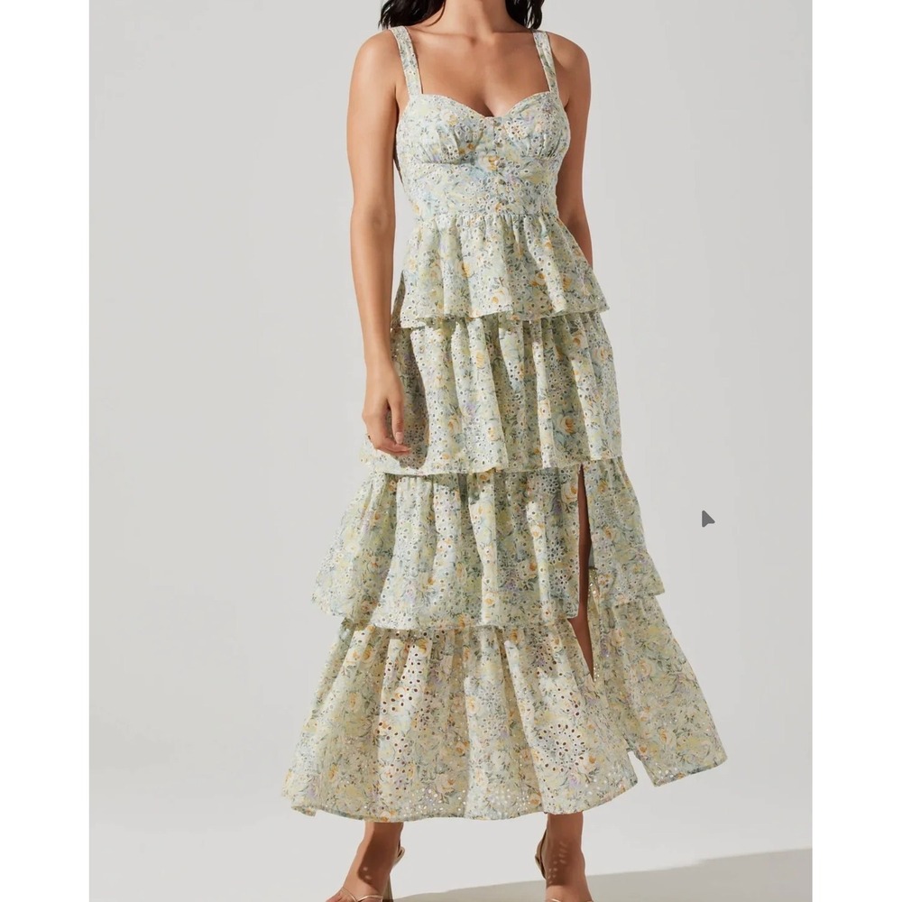 ASTR The Label Midsummer Floral Eyelet Tiered Maxi Dress Sage Green Size M